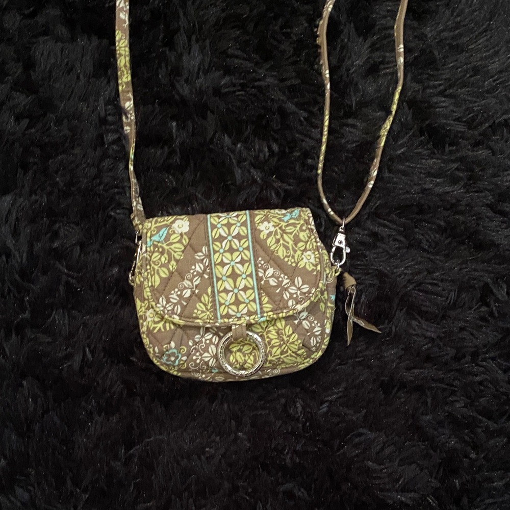 Vera Bradley Olive Green and Brown Quilted Mini Crossbody with Floral Print